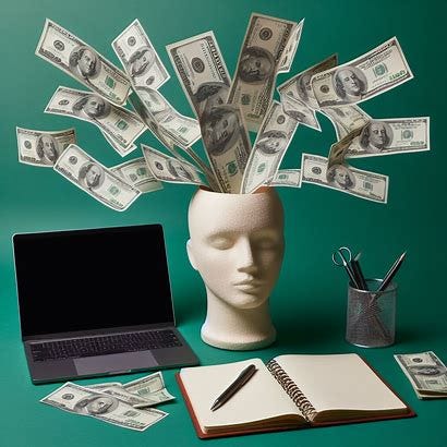 A mannequin head, a Macbook, an open notepad, and a pen are on a green backdrop. Lots of hundred dollar bills are flying around in the air, coming out of the mannequin head.