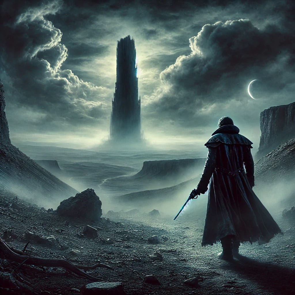 A dark fantasy-themed image representing Stephen King's *The Dark Tower* series, focusing on *The Gunslinger*. The scene should depict a desolate, apocalyptic landscape with a lone gunslinger in the foreground, walking towards a distant, ominous tower. The sky is dark and stormy with swirling clouds, and the landscape is barren with rocky outcrops. The gunslinger is wearing a long, tattered coat, and his figure is shadowed, emphasizing the dark, mysterious tone of the series. The distant tower should be tall and imposing, with a faint, eerie glow emanating from it.