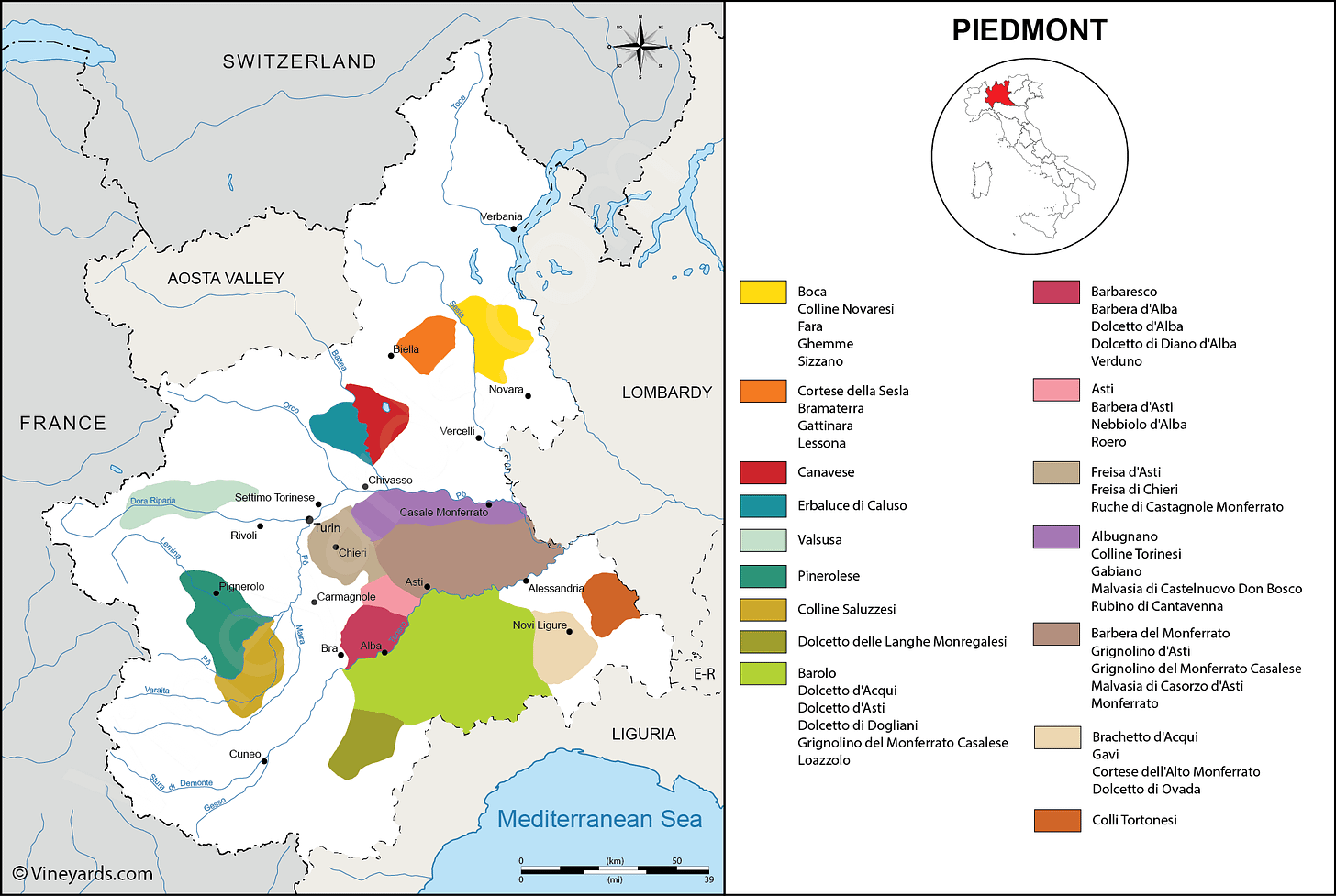 Piedmont Map of Vineyards Wine Regions