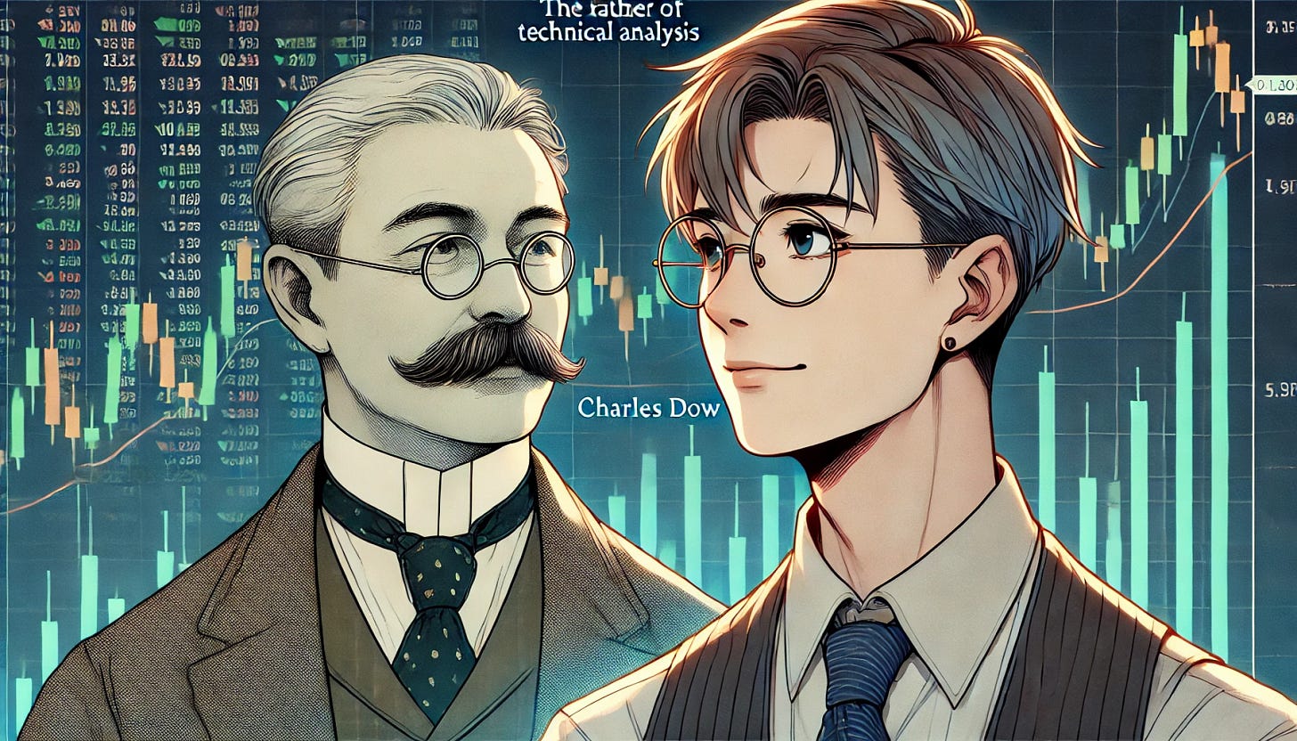 An anime-style scene showing the 33-year-old Asian male character with short, neat hair and glasses, having a conversation with Charles Dow, the father of technical analysis. Charles Dow is depicted with a mustache, wearing an early 1900s suit, reflecting his time period. The two are engaged in a discussion, surrounded by financial charts and stock market indicators, with a large chart showing candlestick patterns. The modern setting blends with historical elements, creating a thoughtful exchange where the character and Charles Dow talk about the philosophy of technical analysis.