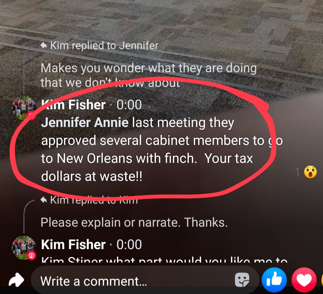 Social media post in which Kim Fisher incorrectly states that Dr Finch approved several cabinet members to go to New Orleans.