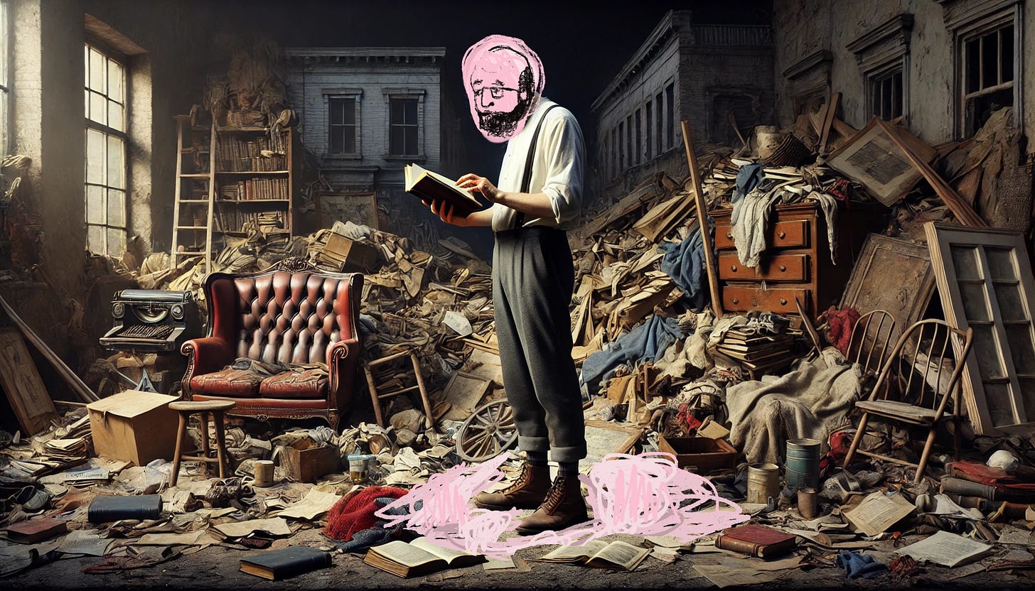 a man standing over a lot of trash and books in an old apartment but on top of his head is a drawing of andrew's face and around the man's feet is pink scribbles representing something big