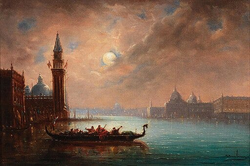 painting of Venice Italy at sunset showing lagoon in green and blue and piazza st. marco