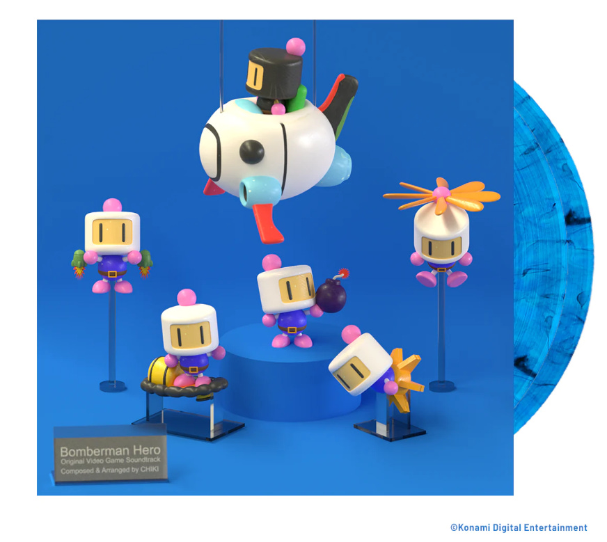 A screenshot of the cover of Bomberman Hero's LP on Ship to Shore's website, featuring one of the four records slipping out of the case, and a slew of Bomberman in various animation poses on the cover.