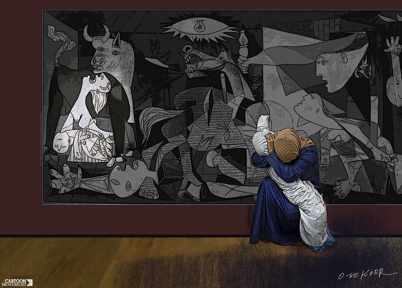 Cartoon showing the iconic photo that won the 2024 World Press Photo, a woman in Gaza holding a dead child, but now she is pictured in a museum hall, sitting in front of the famous anti-war painting Guernica.