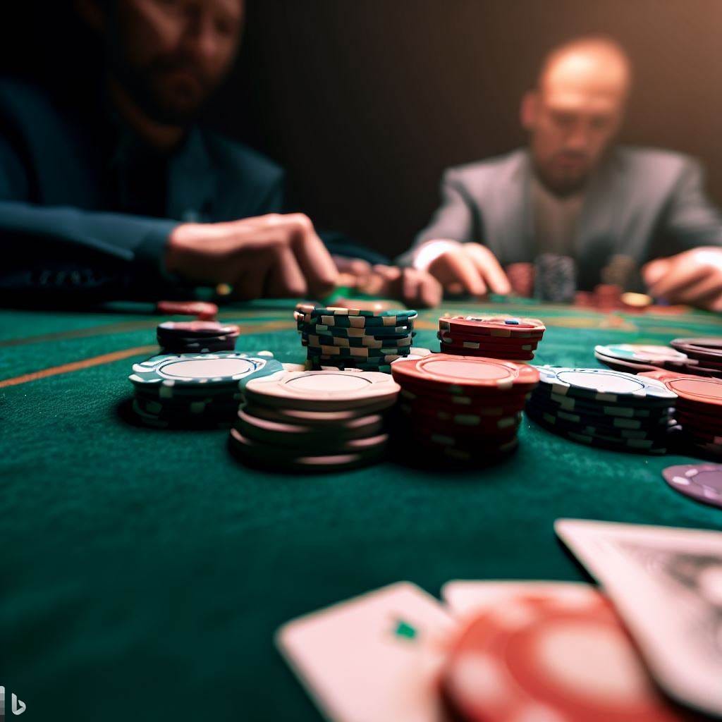 gambler playing poker with a view of the poker table with all the chips in front of players