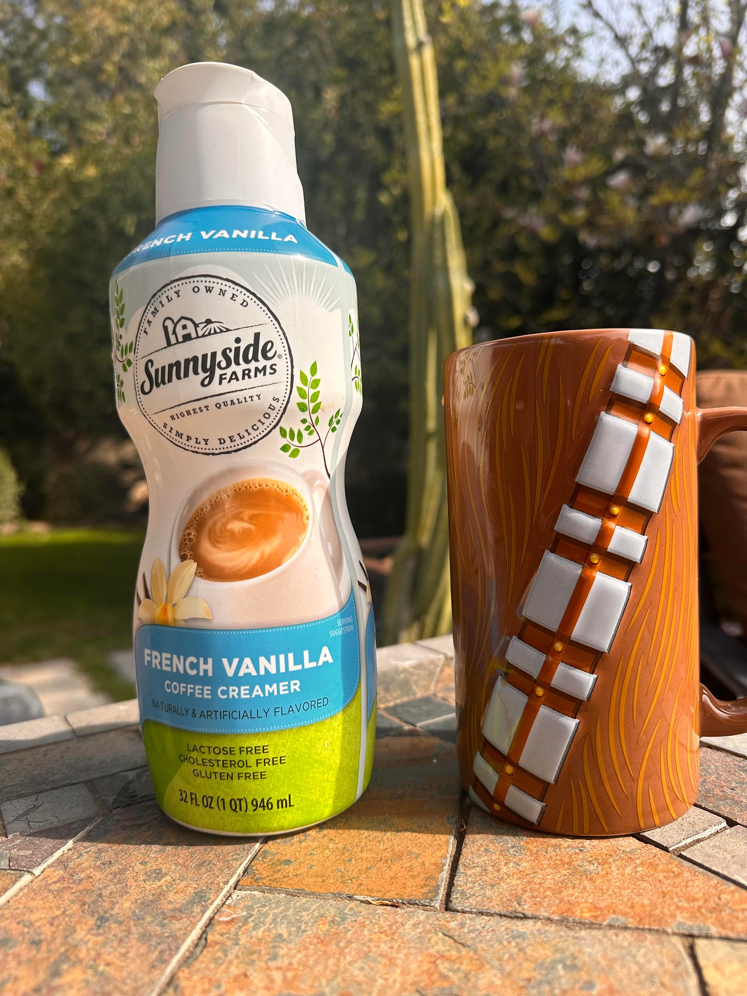 french vanilla coffee creamer next to a Chewbacca Wookiee coffee cup