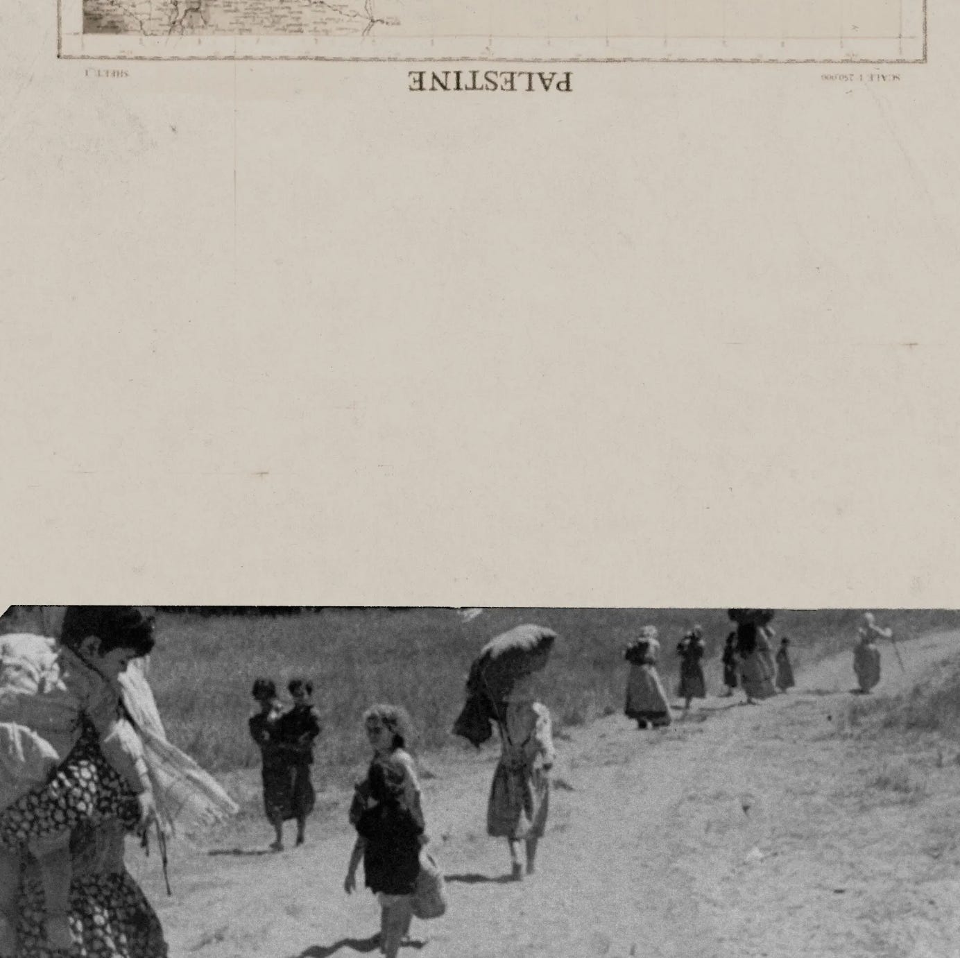 an imagine split in two parts. the top half is aged paper with a cut off image and the word "palestine" written upside down in all caps. the bottom half is a black and white image of palestinian children walking together on a dirt road.