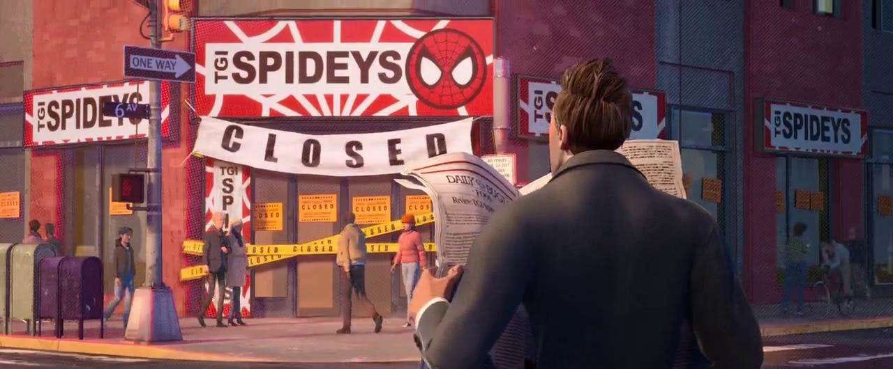 Screen shot from Spider-Man Into the Spider-Verse. Peter B. Parker sees a newspaper article about the failure of his restaurant chain, TGI Spideys. He looks up from the paper to see the closed restaurant boarded up in front of him.