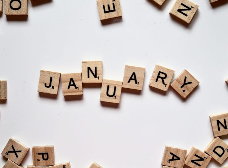 Scrabble tiles spelling the word "January"