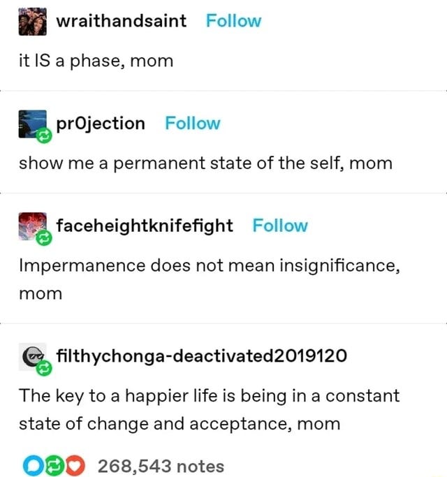 It IS a phase, mom prOjection Follow show me a permanent state of the self,  mom al faceheightknifefight Follow Impermanence does not mean  insignificance, mom The key to a happier life is