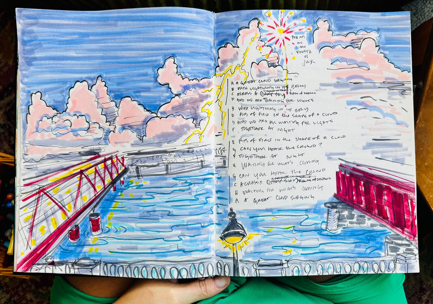 a pen illustration of a river bridge and cloud scene features a hand written poem on the right side titled "poem on the fourth of july"