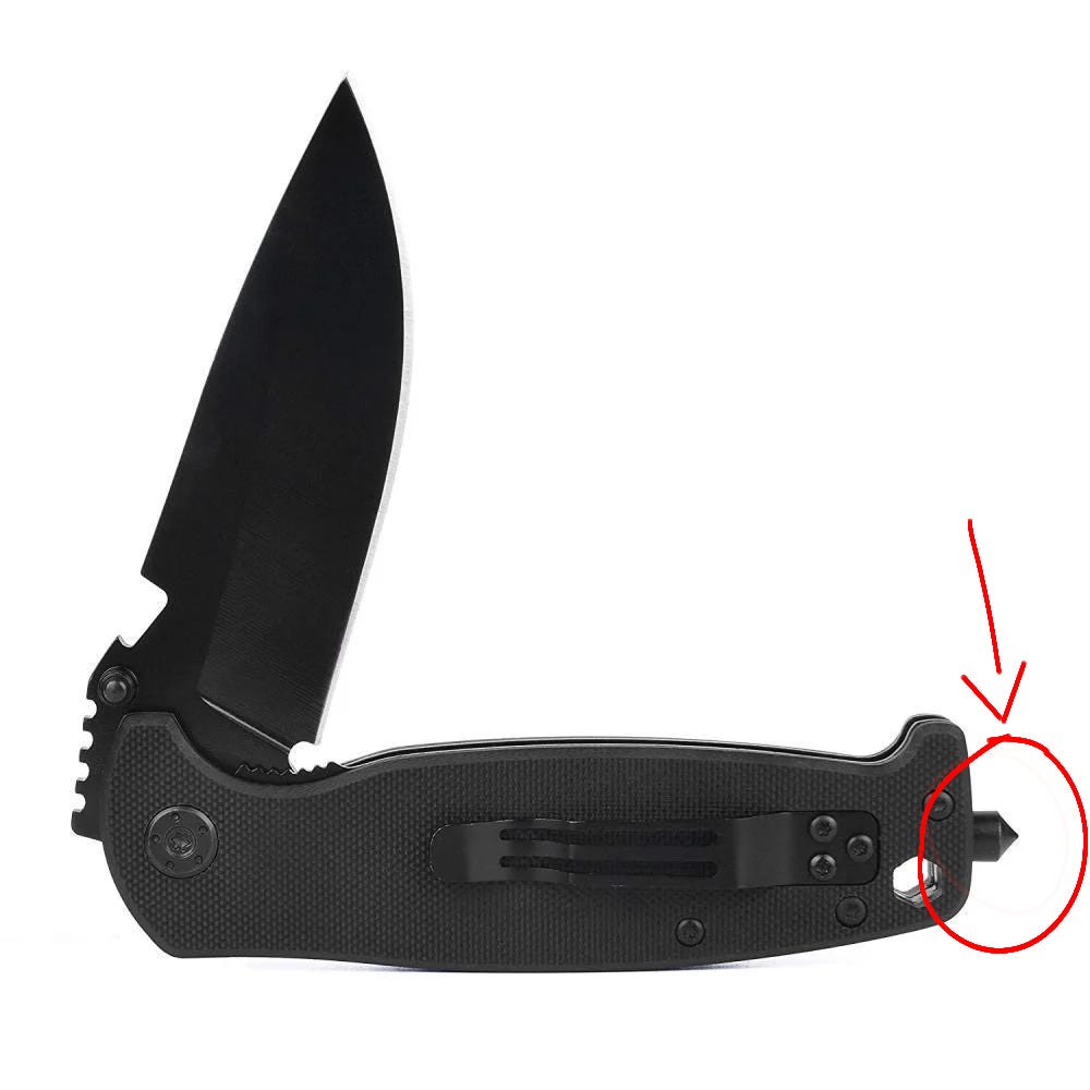 A folding pocket knife with the glassbreaker highlighted.