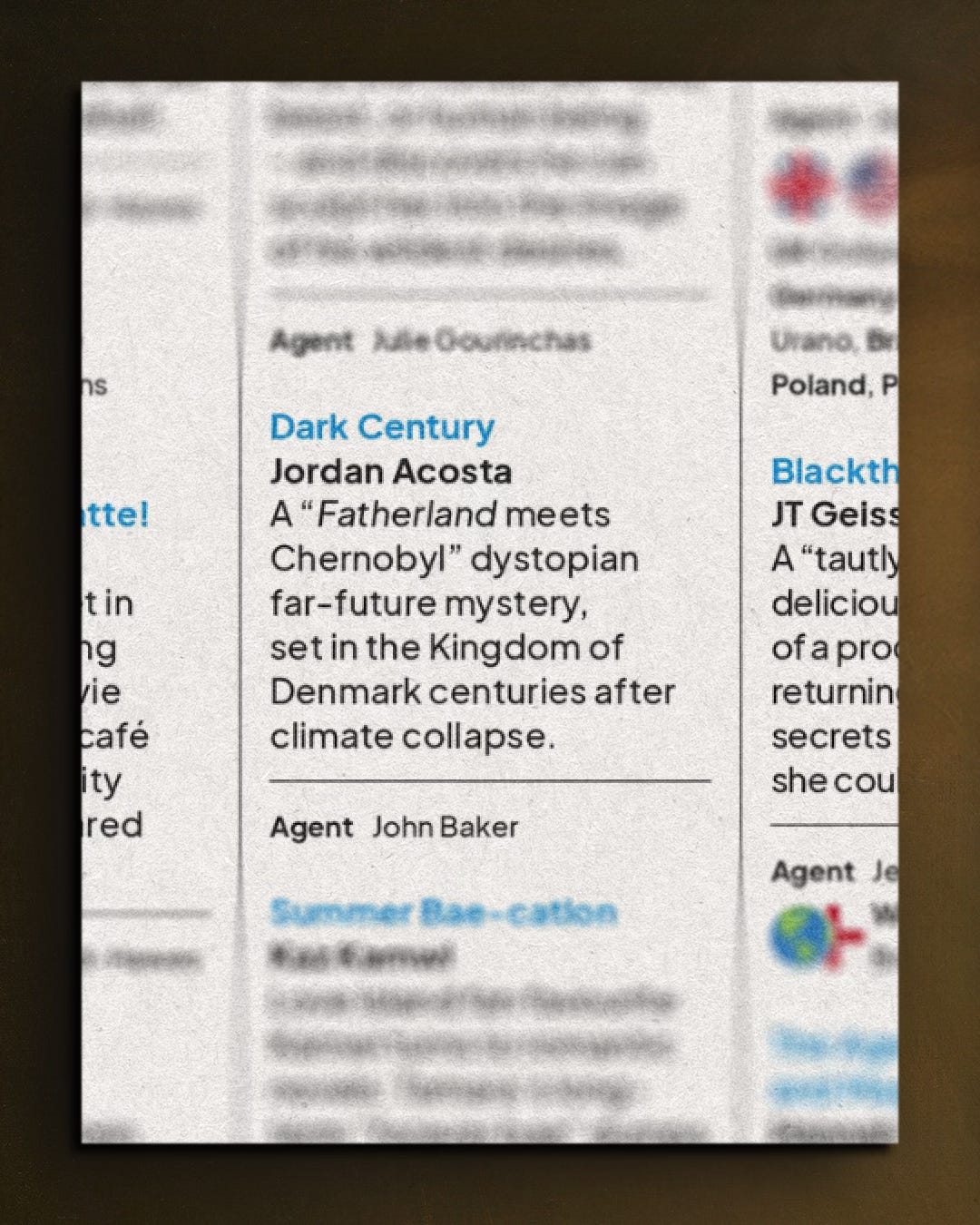 Text reads, ‘Dark Century, Jordan Acosta: A “Fatherland meets Chernobyl” dystopian far-future mystery, set in the Kingdom of Denmark centuries after climate collapse.’ 