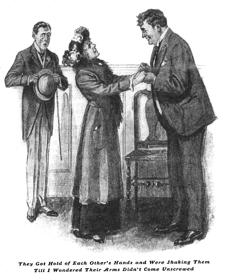 Danby and Aunt Julia clasp each other’s hands joyously. Danby is both delighted and significantly taller than Aunt Julia, so is bent over a tad to look her in the eyes. Aunt Julia is leaning slightly back, and overcome. In the background, Bertie is somewhere between shock and denial. He holds his hat and whangee cane in front of his body as though they might afford him some protection from the sight before him. The caption reads, "They got hold of each other's hands and were shaking them till I wondered their arms didn't come unscrewed".