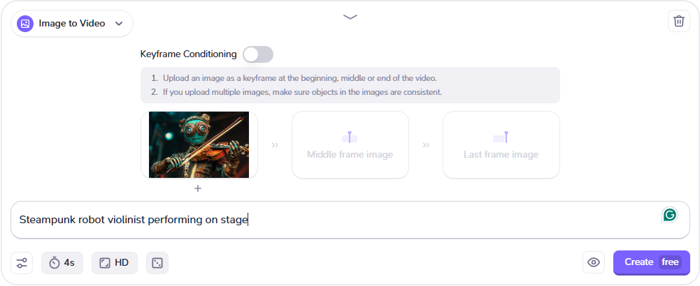 Image + text prompt box in Haiper AI video tool.