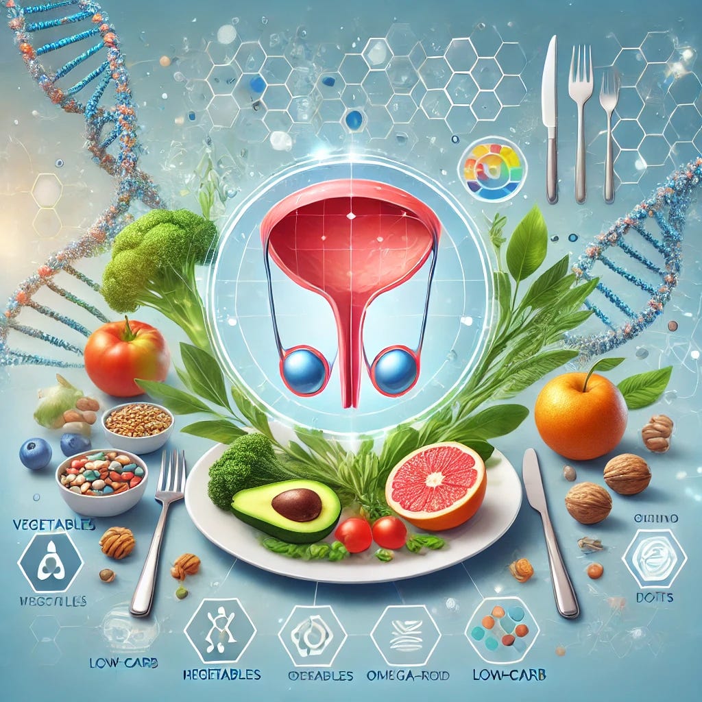 A professional medical visual illustrating the relationship between diet and prostate cancer care. The image includes a simplified depiction of a prostate gland alongside symbolic elements such as a healthy plate with whole foods (vegetables, grains, and omega-rich foods like walnuts). Additionally, incorporate an abstract DNA strand to symbolize genetic research and innovation. The background is clean and modern, with subtle blue and green tones to evoke a sense of health and positivity. Include icons representing key dietary approaches, like a plant leaf for plant-based diets and a low-carb symbol, ensuring clarity and focus.