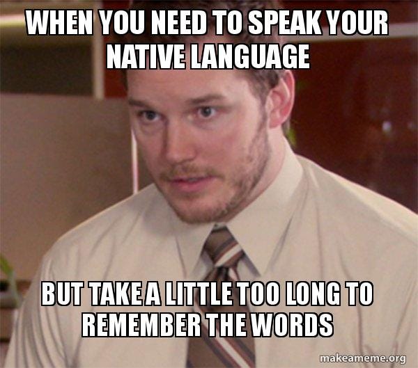 When you need to speak your native language but take a little too long to  remember the words - Andy Dwyer - Too Afraid To Ask | Make a Meme