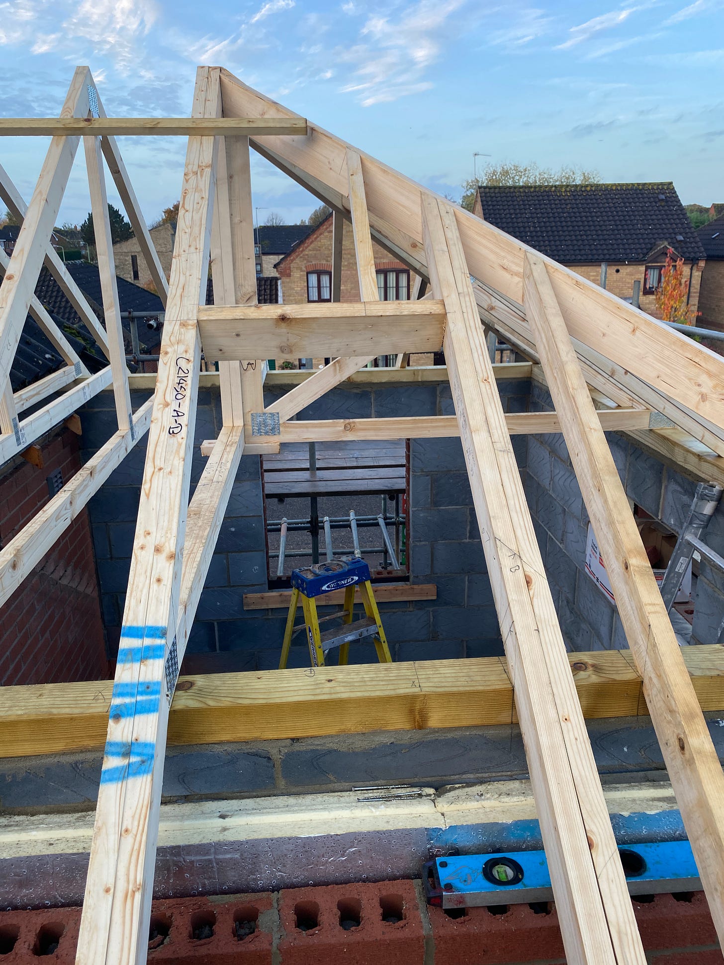 wooden roof trusses with the gap for the velux window to be positoned