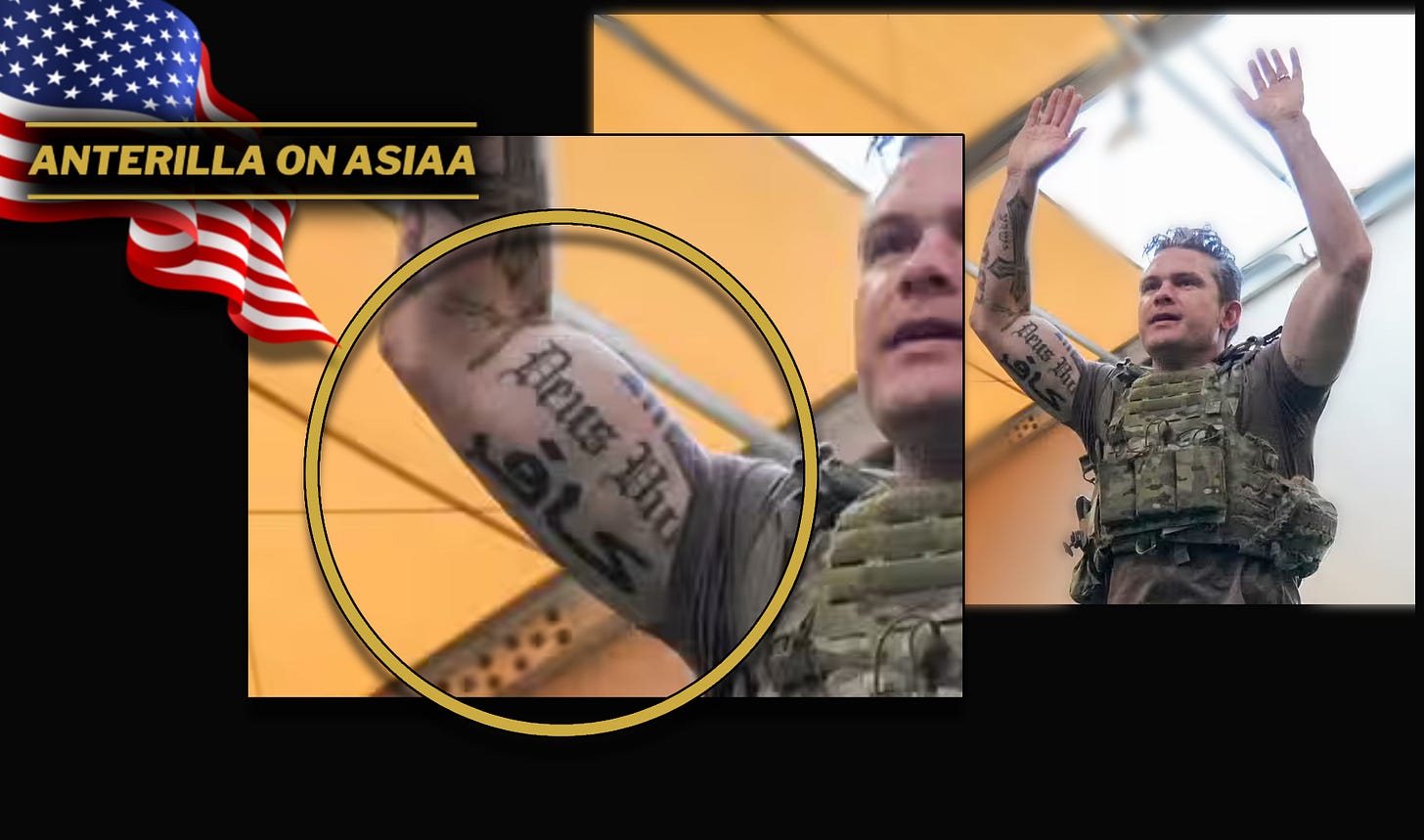 "Hegsethillä on oikeassa käsivarressaan kristillinen 'Deus Vult' -tatuointi, joka oli ristiretkeläisten motto ja tarkoittaa 'jos Jumala sallii', ja sen alapuolella arabiankielinen sana 'Kafir', joka tarkoittaa 'vääräuskoinen'. "Hegsethillä on oikeassa käsivarressaan kristillinen 'Deus Vult' -tatuointi, joka oli ristiretkeläisten motto ja tarkoittaa 'jos Jumala sallii', ja sen alapuolella arabiankielinen sana 'Kafir', joka tarkoittaa 'vääräuskoinen'.