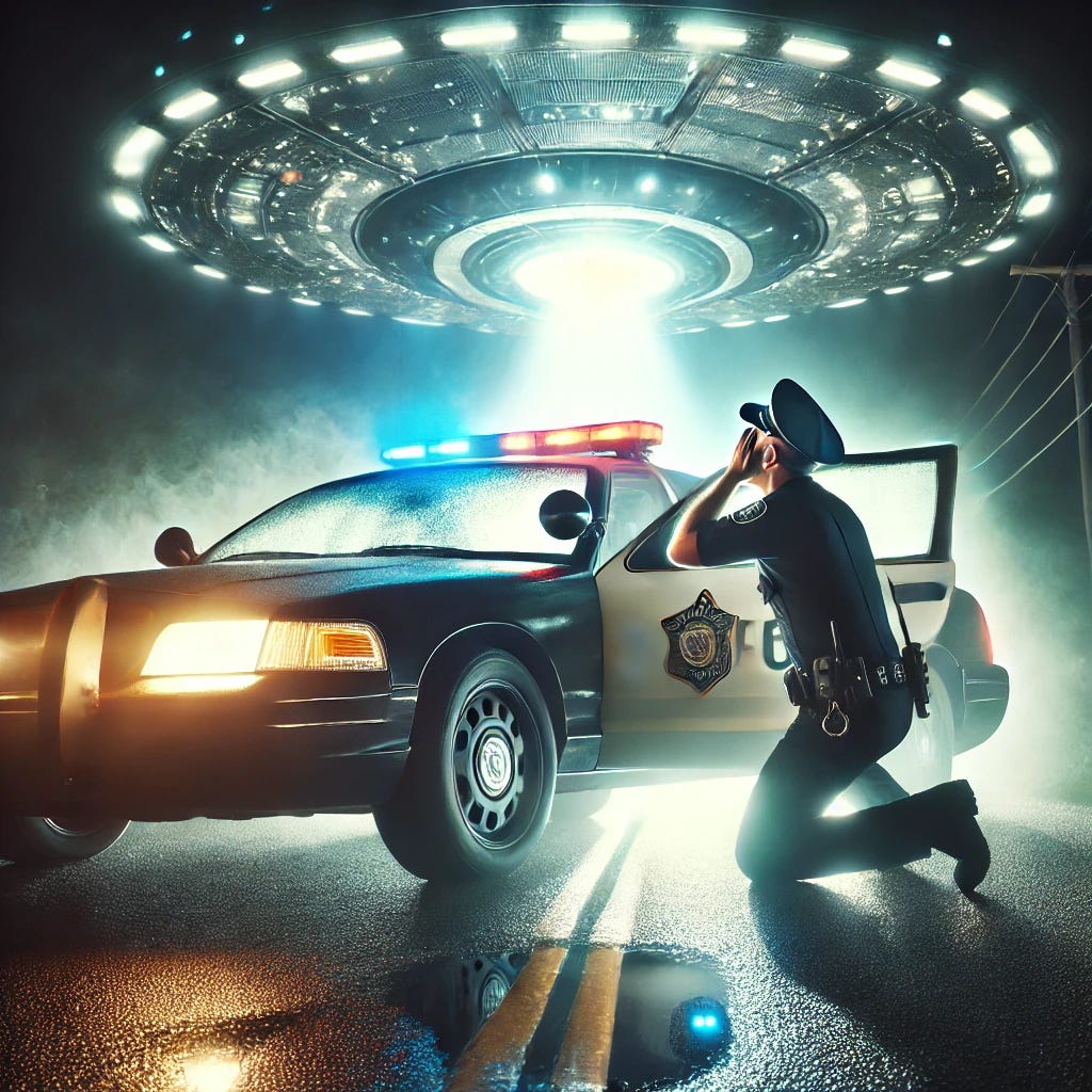 A dramatic UFO encounter featuring a police officer in a realistic modern patrol car at night. A blinding, otherworldly light engulfs the vehicle, illuminating the terrified officer as he shields his eyes, struggling to see what’s outside. The overwhelming brightness pours through the windshield and side windows, creating eerie shadows and reflections inside the car. The vehicle is positioned correctly with a visible police insignia and emergency lights faintly glowing. Outside, an enormous glowing craft hovers just above the road, its shape obscured by the intense radiance. The scene is drenched in tension, mystery, and an overwhelming sense of the unknown.