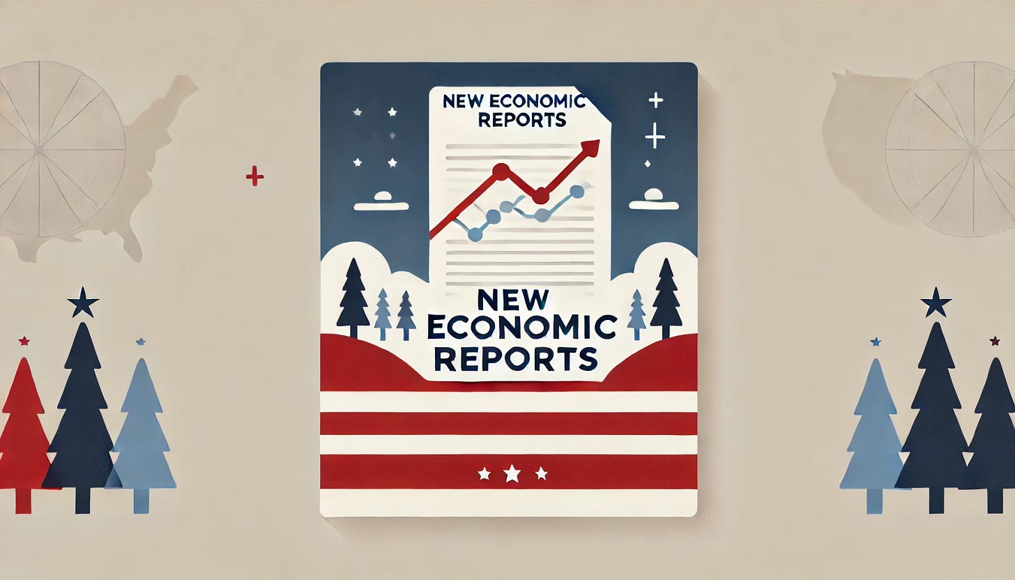 A minimalist landscape graphic using red, white, and blue to represent 'New Economic Reports.' The design features a simple chart with an upward trend line and a document icon, symbolizing economic data and reports. The style is clean and simple, with a patriotic color scheme and only the title as text.