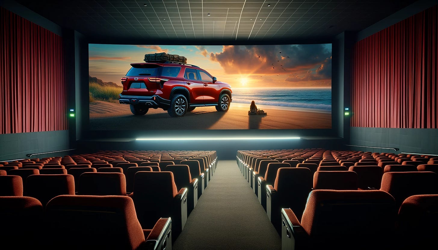 Image of a movie theater with rows of empty red seats facing a large screen, on which a film scene is displayed. The scene shows a red, 4-wheel-drive vehicle styled like a 2021 Toyota Sequoia parked on a sandy beach at sunset. The vehicle is positioned to the left of the frame, with luggage on its roof rack, suggesting the end of a long journey. On the beach, a person sits facing the ocean, watching a spectacular sunset with deep orange and blue hues. The sky is dotted with birds, and the ocean reflects the sun's glow. The tranquil scene conveys a sense of peaceful arrival and accomplishment.