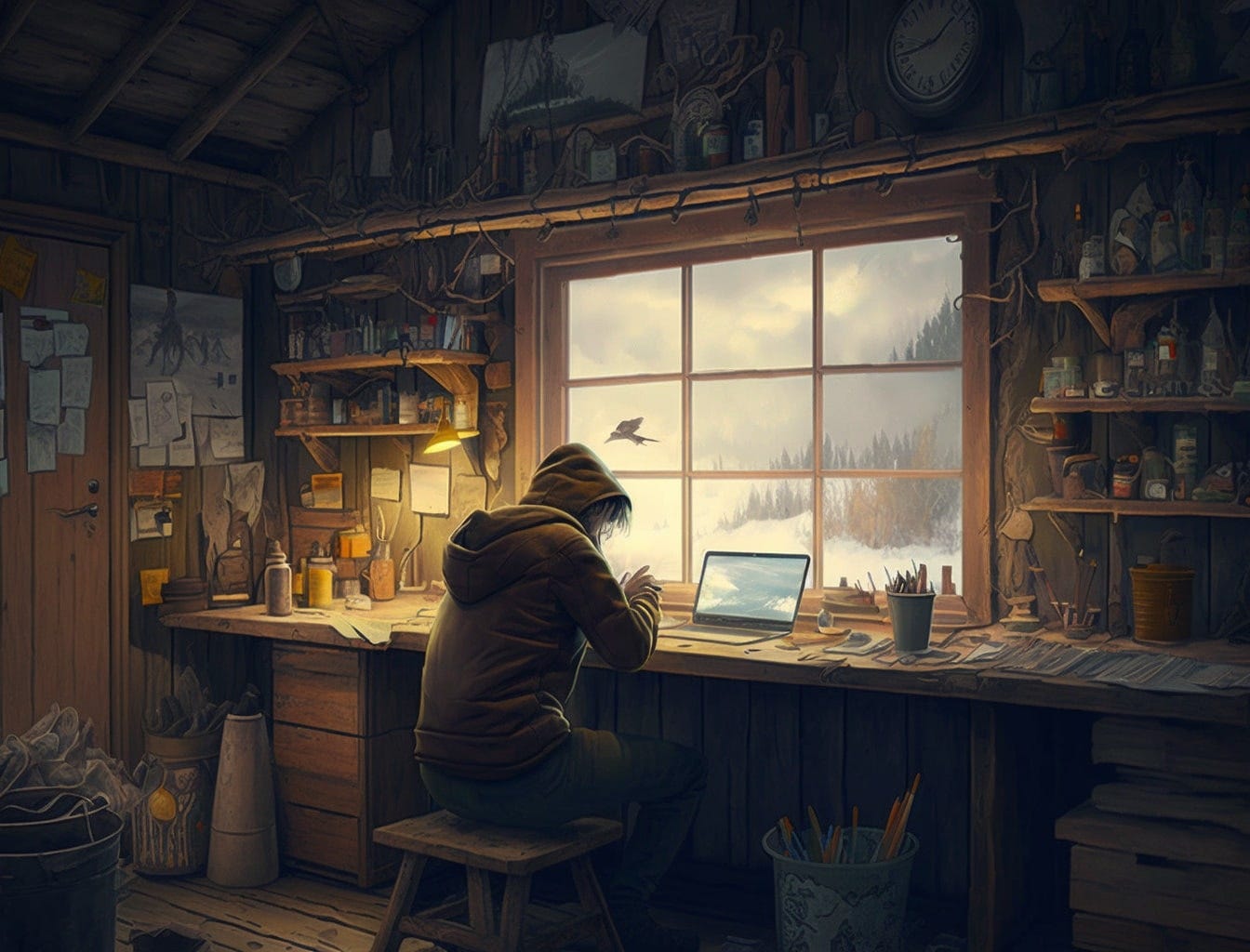 A person sits in a hoody typing on a laptop on a desk, the view is from behind them and the wooden shed-like walls are filled with trinkets, books and oddities picked up over the years