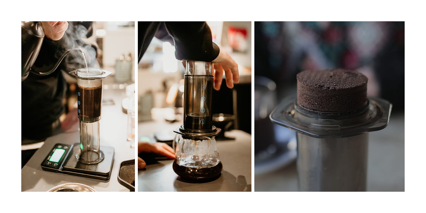 A collage of coffee brewing in an Aeropress coffee brewer and example of the grind puck it creates.