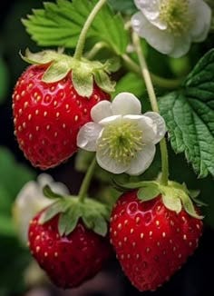 This may contain: three strawberries with white flowers and green leaves