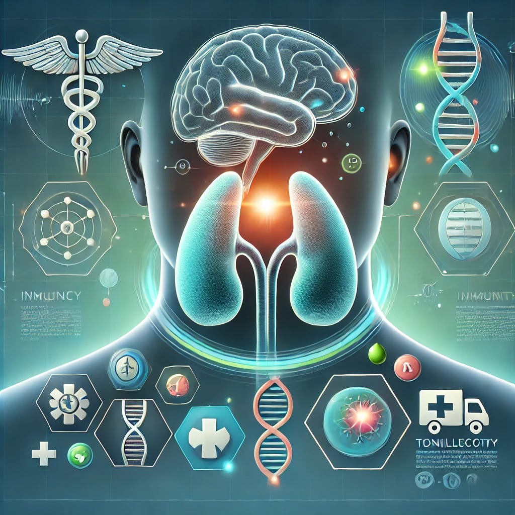 A professional and modern medical illustration highlighting the theme of tonsillectomy and stress-related disorders. The image includes a simplified depiction of human tonsils with symbolic elements such as a DNA strand representing the immune system and a glowing brain icon to symbolize stress disorders. The design is clean, approachable, and innovative, featuring soft blue and green tones for a calming effect. Icons such as a shield for immunity and a medical cross are subtly integrated into the background. The focus is on clarity and engagement, avoiding overly detailed or unsettling visuals.