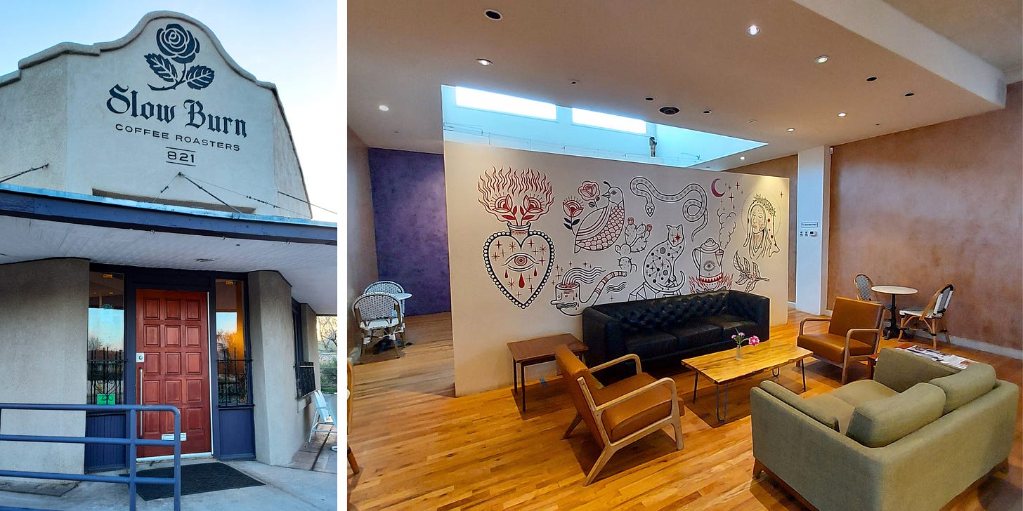 Left: A cafe entryway in Spanish hacienda-style with a big, brown wooden door. Right: a cafe lounge space with chairs and couches around a coffee table looking up at southwest themed mural on a dividing wall.