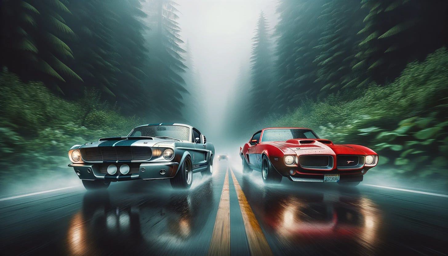 An ultra-hyperrealistic photo of a thrilling car chase in a cinematic setting. The scene captures a silver 1967 Ford Mustang Shelby GT500 and a vibrant red 1969 Pontiac Firebird racing side by side on a misty mountain road. The dense fog adds a mysterious, almost surreal quality, while the wet road reflects the cars' sleek designs and the surrounding dense, dark green pine trees. The intensity and determination on the drivers' faces are visible through their windshields, adding to the drama and realism of the scene.