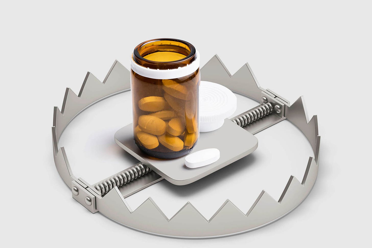 A photo illustration of a bear trap, with an orange bottle of tablets at its centre