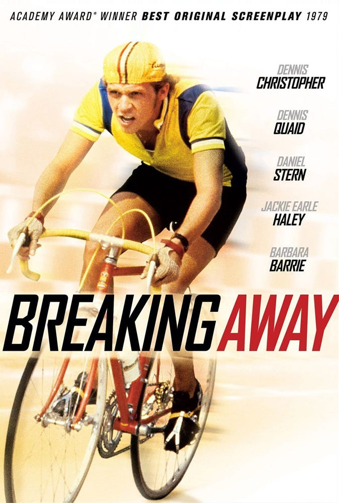 Poster from the movie, Breaking Away with a man (Dennis Christopher) riding a bicycle. 