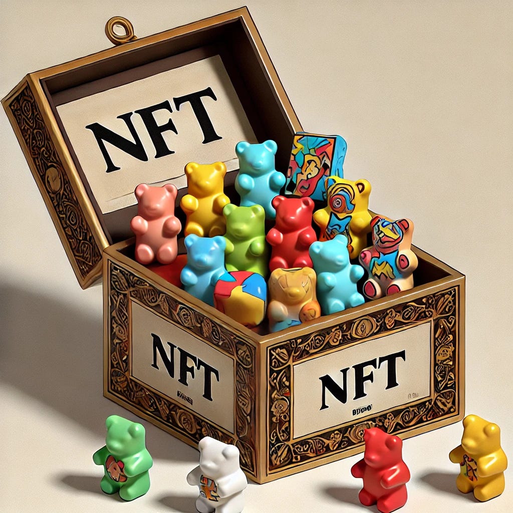 Minimalist cartoon-style image of colorful gummy bear toys, each designed as different artworks, emerging from an ornate Pandora's box labeled 'NFT'. Minimalist cartoon-style image of colorful gummy bear toys, each designed as different artworks, emerging from an ornate Pandora's box labeled 'NFT'.