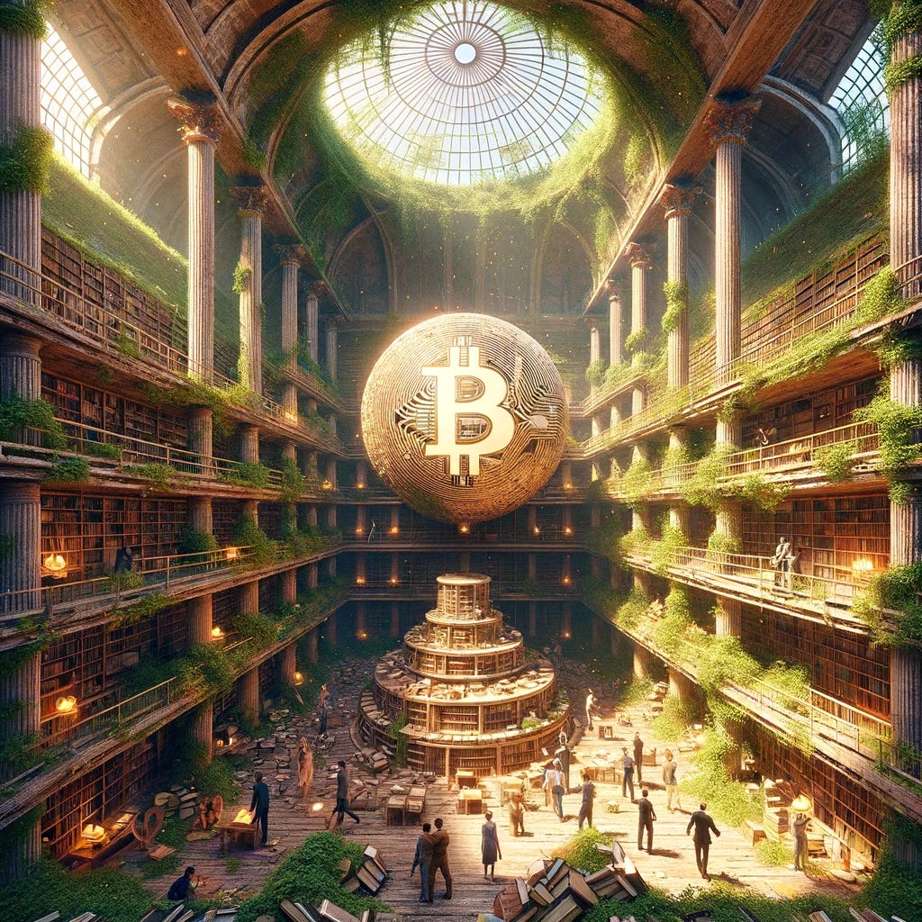Reimagine the grand, ancient library as a metaphor for the Bitcoin blockchain with a more rustic appearance, emphasizing the passage of time. The library, now aged and partially overgrown with lush green plants and vines, symbolizes the enduring and growing nature of Bitcoin through time. Inside, various people explore, study, and discuss amidst the rows of bookshelves and the massive, glowing ledger at the center, which continues to turn its pages with each new block. This scene blends ancient wisdom with the relentless advance of nature and human curiosity, illustrating the Bitcoin blockchain's resilience and timelessness. The impenetrable dome overhead, interwoven with vines, reflects Bitcoin's integration with the world while maintaining its integrity and security against external threats.