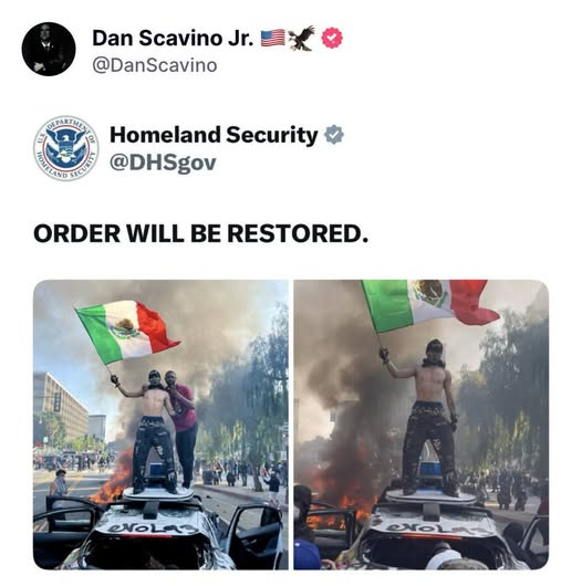 May be an image of 5 people and text that says 'Dan Scavino Jr. @DanScavino DEPARTME TON Homeland Security @DHSgov ORDER WILL BE RESTORED. evoL VOLaS ENOLAS ۵٥'