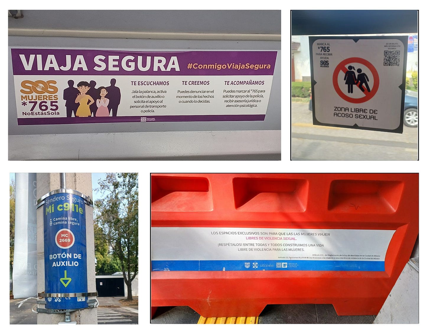 Collage di quattro foto con illustrazioni e scritte di campagne per prevenire la violenza di genere sui mezzi pubblici e per strada, dettagli nel testo che segue.