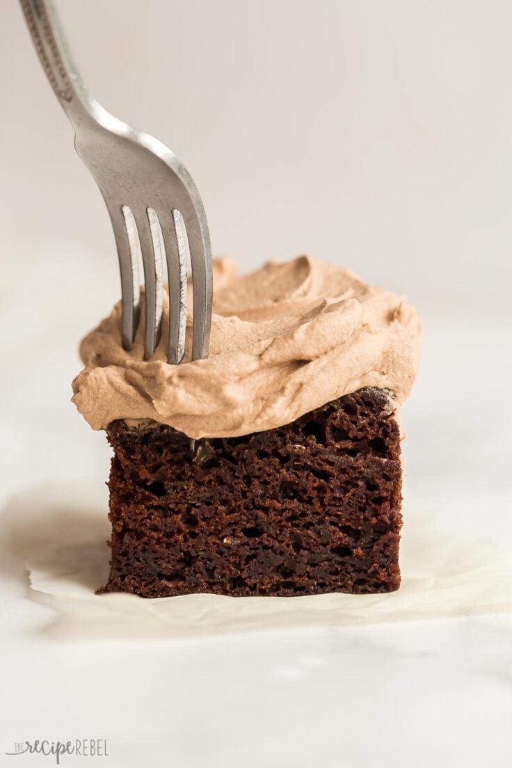 piece of chocolate zucchini cake with fork sticking in
