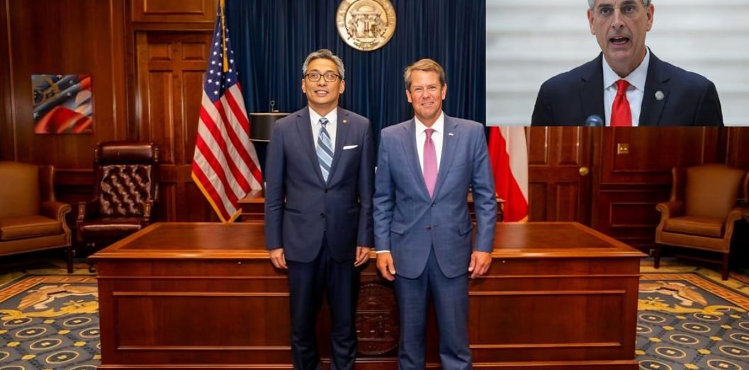 Cai Wei, Consul General of the People's Republic of China from Houston, pictured with Governor Brian Kemp. Cai Wei was expelled from the U.S. due to suspected very serious level of espionage activities concerning issues related to national security and intellectual property theft.