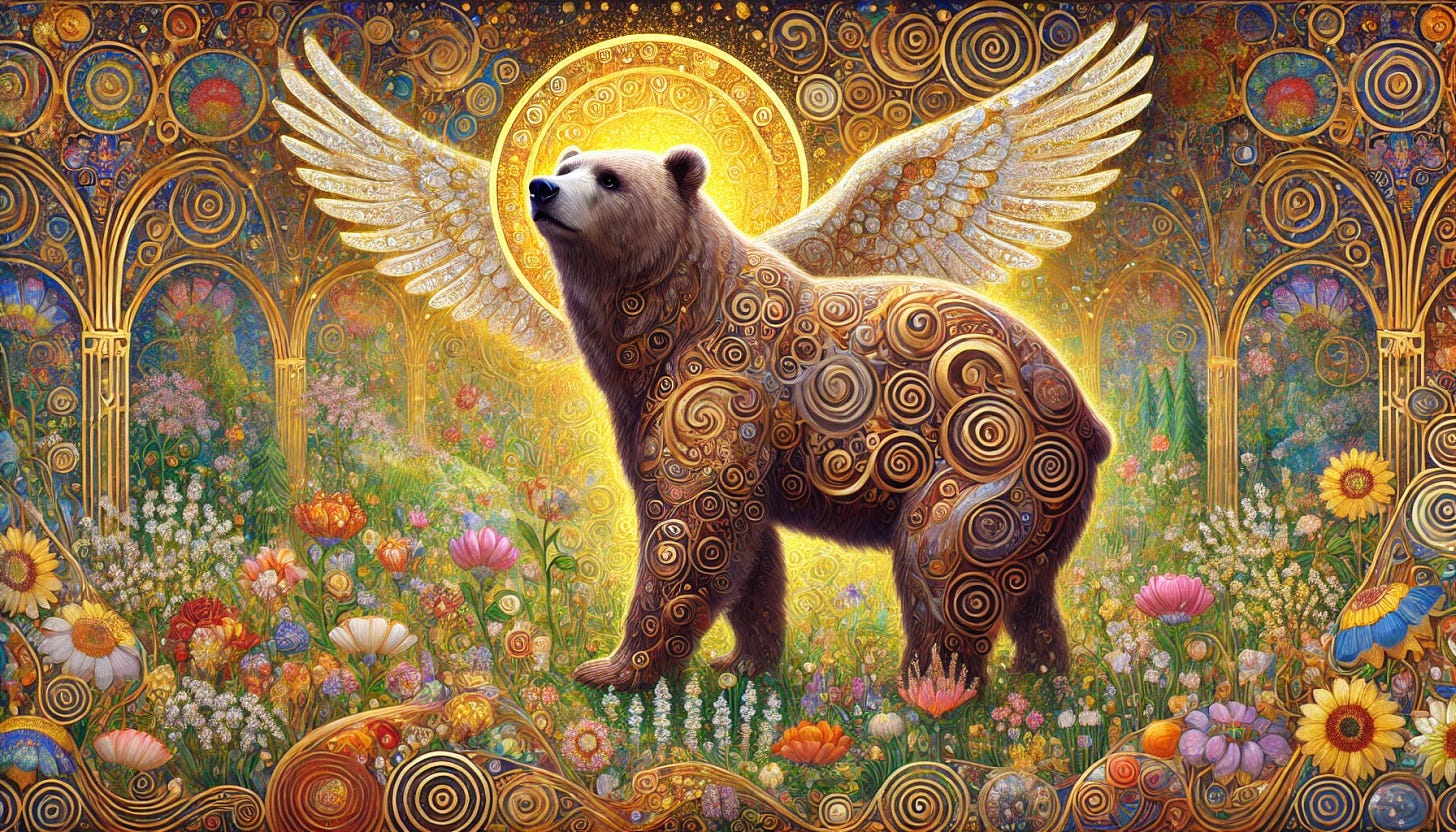 A majestic grizzly bear in the style of Gustav Klimt, featuring intricate swirling patterns and gold accents. The bear has a radiant halo above its head and delicate angelic wings, standing gracefully in a vibrant, dreamlike garden filled with colorful, detailed flowers and lush greenery. The garden is bathed in warm, golden light, reflecting off the bear's fur, adding a divine and serene atmosphere. The scene feels ethereal, with the decorative elements of Klimt's style blending seamlessly into nature, creating an otherworldly, peaceful environment.