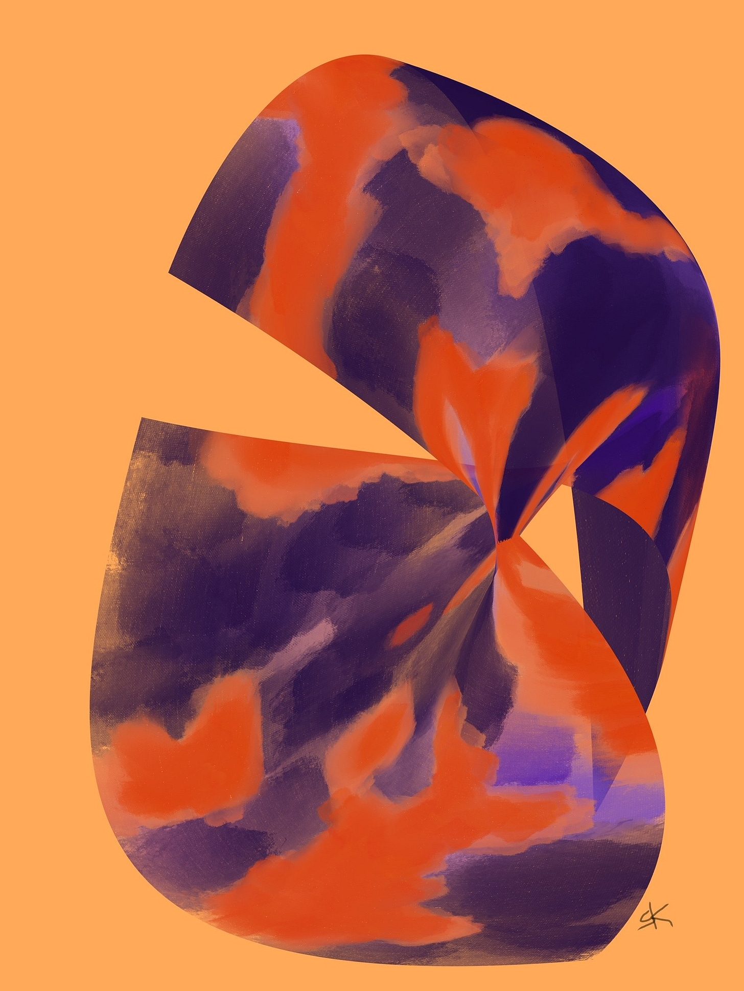 Bold abstract painting by Sherry Killam Arts suggesting the back of an orange and purple torso leaning forward against a golden background.
