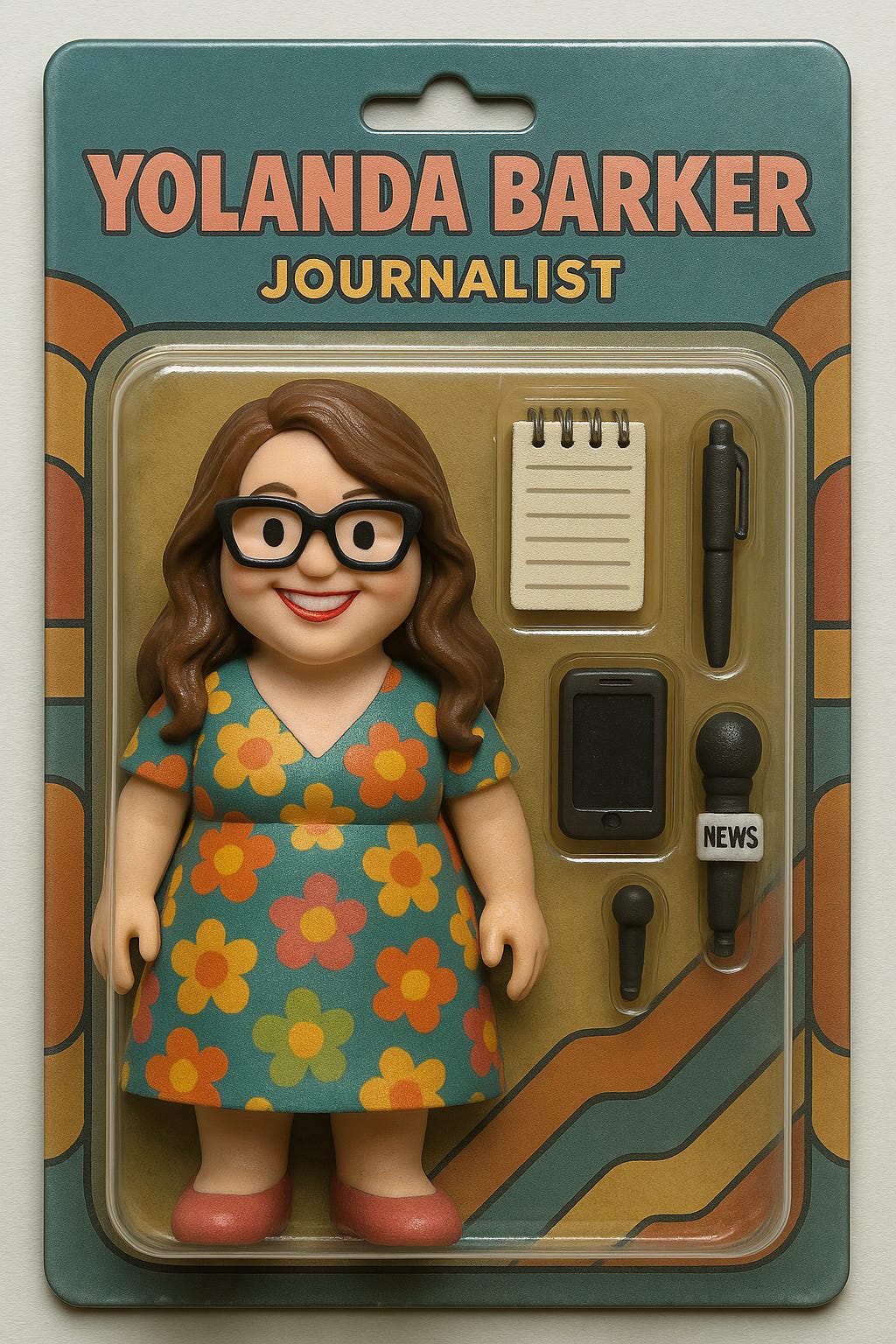 A more realistic-looking toy action figure of a woman with glasses, dark hair, and a multicoloured retro dress, displayed in a clear plastic blister pack. The toy is boxed like a real store-bought figure, labeled “YOLANDA BARKER – JOURNALIST.” Her accessories—phone, pen, microphone, and notepad—are arranged beside her inside the packaging. The box has a geometric, multi-coloured design with a clean, toy-like aesthetic.