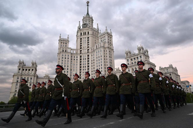 Cossacks march on May 4, 2023 in Moscow, in preparation for the celebration of the 78th anniversary of the victory over Nazi Germany on May 9.