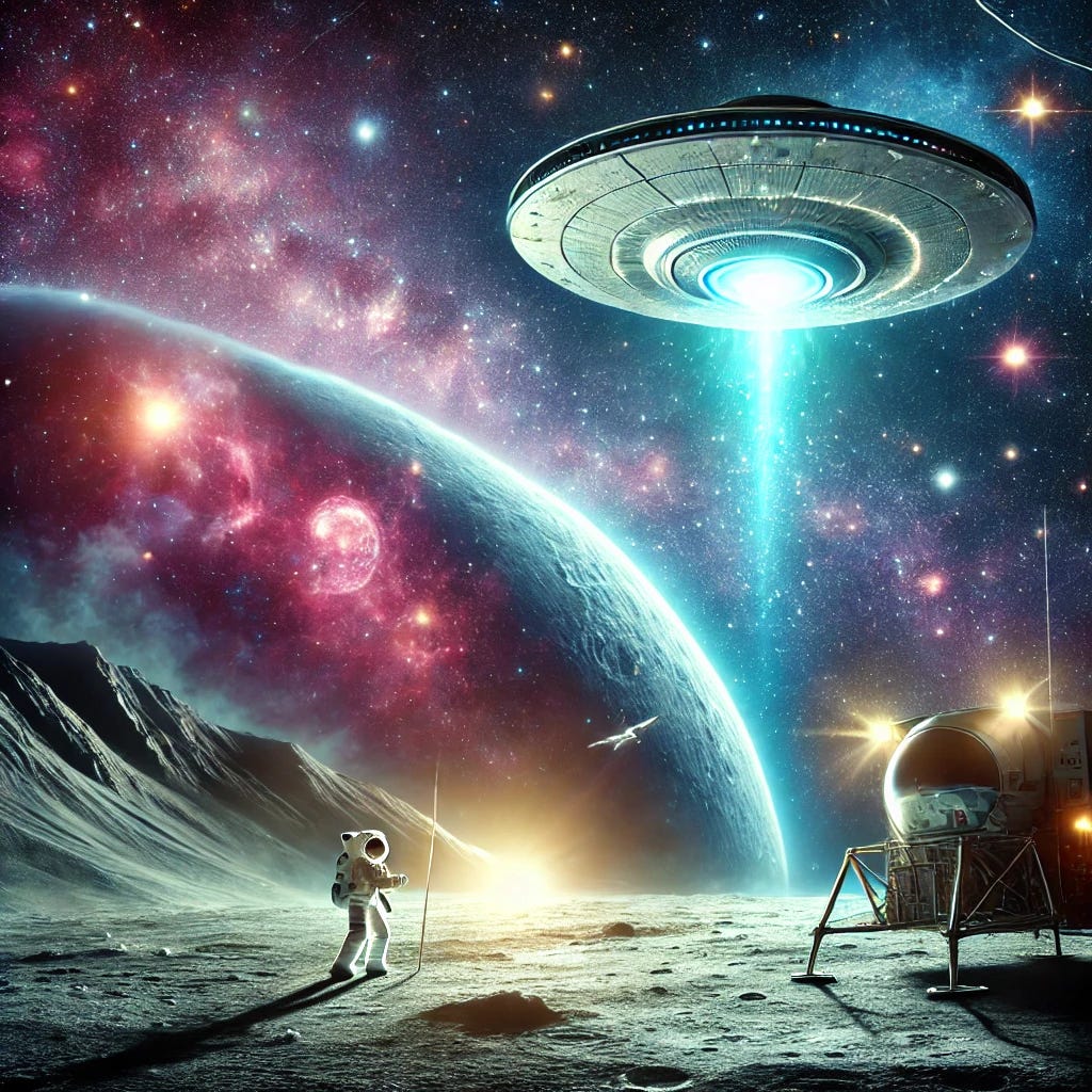 A visually striking image of a cosmic scene featuring a futuristic spacecraft near a glowing lunar surface, with a mysterious unidentified flying object (UFO) emitting radiant light in the distance, surrounded by vibrant stars and nebulae, evoking curiosity and wonder. The scene suggests the intersection of advanced technology and the mystery of extraterrestrial life.