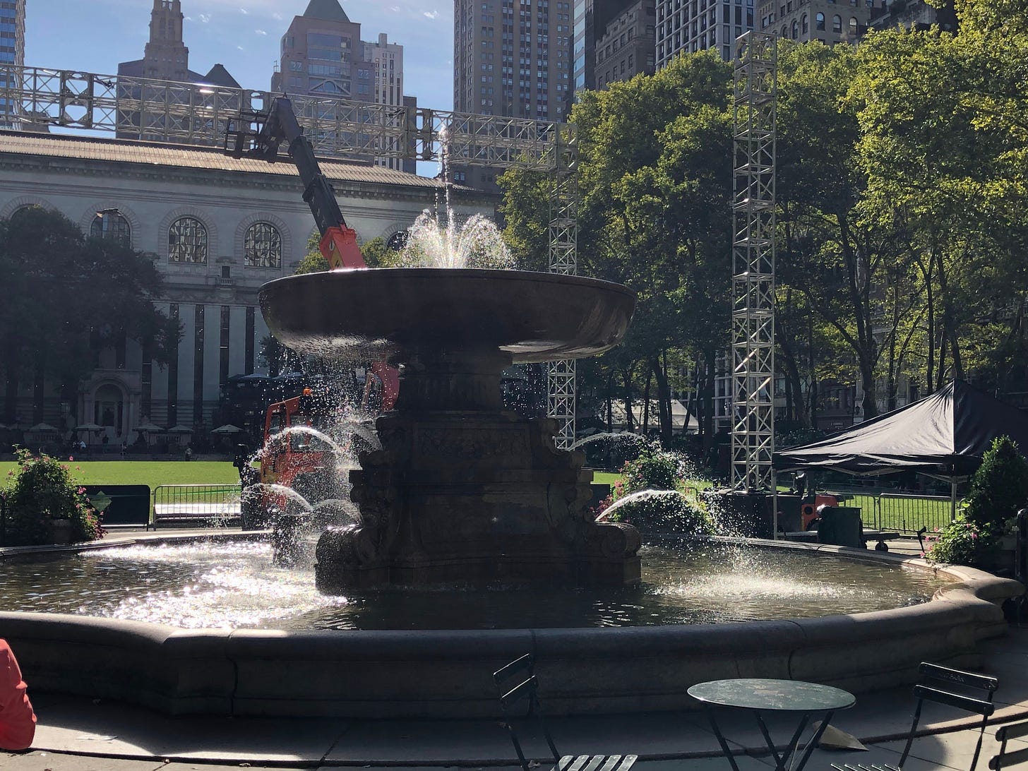 fountain view with construction in background