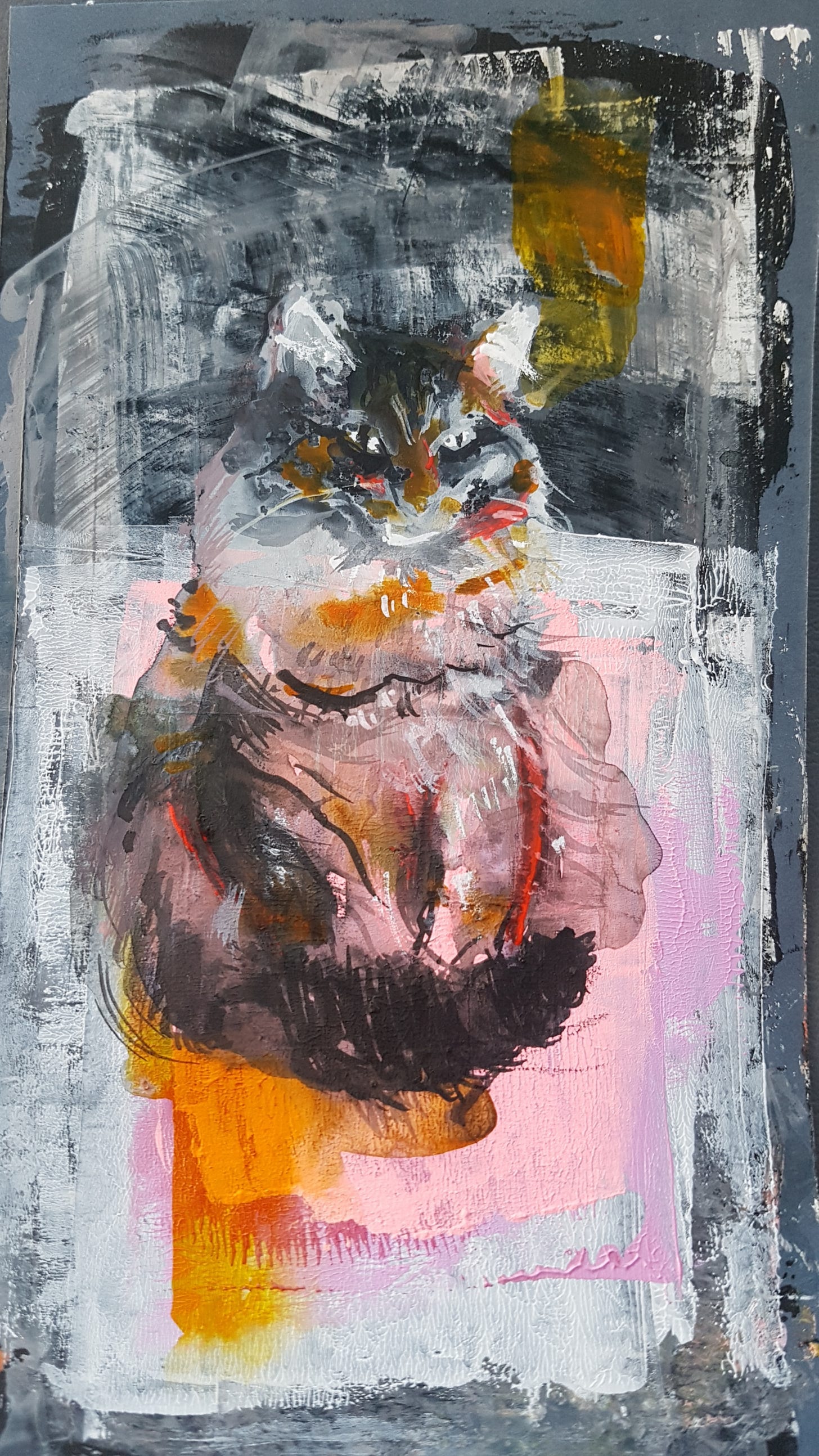 Cat painting by Julia Laing. Mixed-media on card. 2024