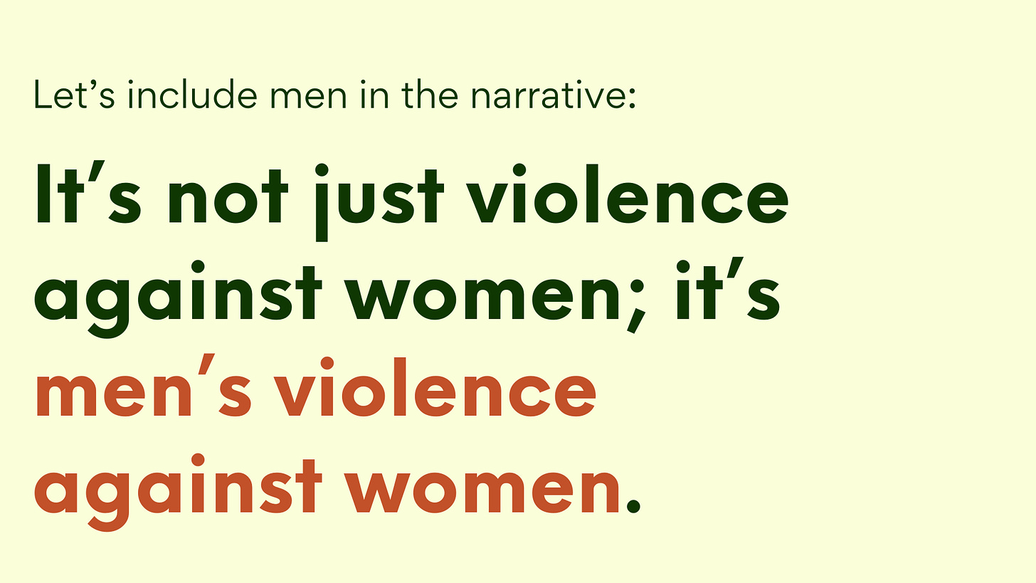 Let's include men in the narrative: It's not just violence against women; it's men's violence against women.