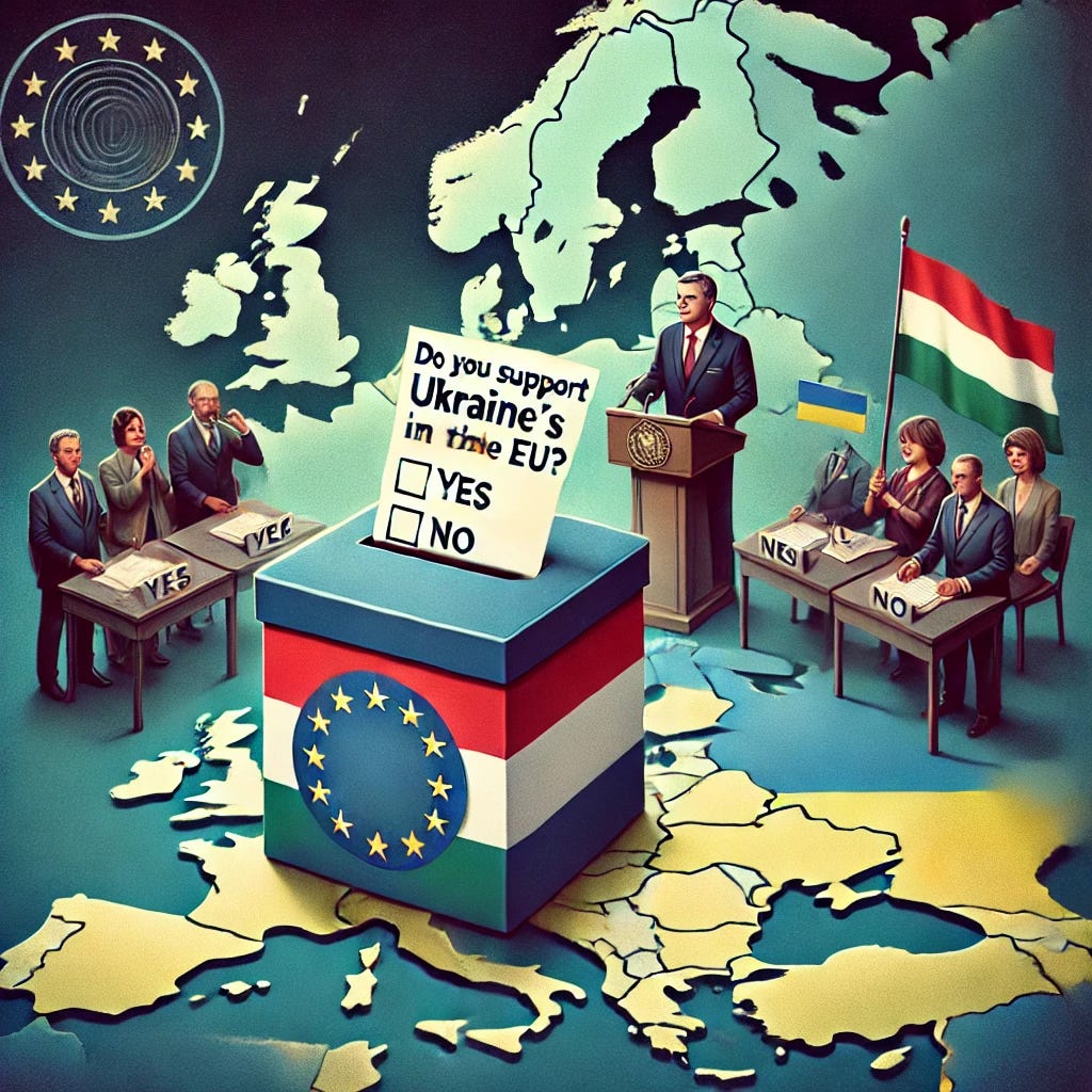 A symbolic political illustration of Hungary holding a national referendum on Ukraine's EU membership. The scene shows a ballot box with the Hungarian flag, and a ballot paper with the question: 'Do you support Ukraine's membership in the EU?' with options 'Yes' and 'No'. In the background, there is a symbolic map of Europe with the EU flag, and the outline of Ukraine highlighted. Hungarian Prime Minister Viktor Orban is shown giving a speech, and citizens casting their votes. The mood is serious and democratic, with subtle tension.
